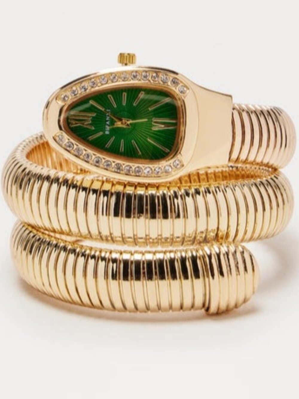 Not So Sneaky Snake Gold Green Wrap Around Watch Analog Rhinestone Bangle Watch